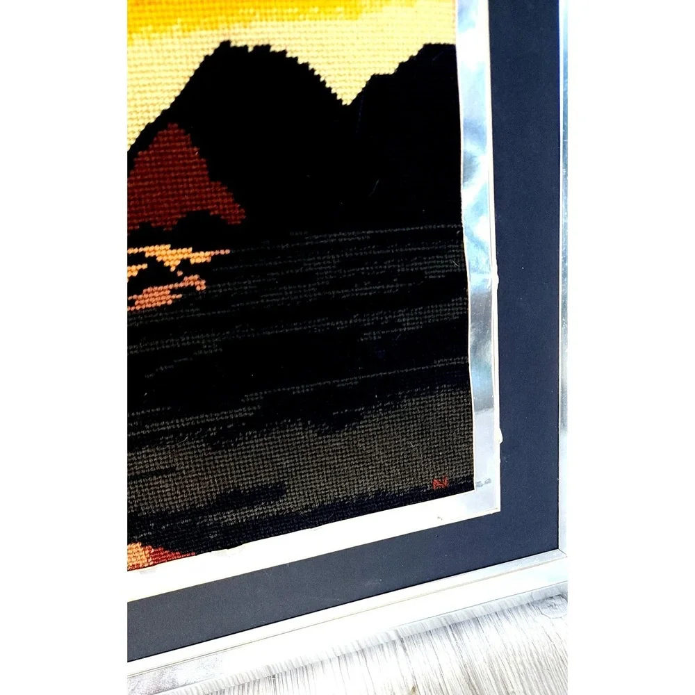 Sunset‎ Ocean Cove Needlepoint Homemade Silver Frame Matted